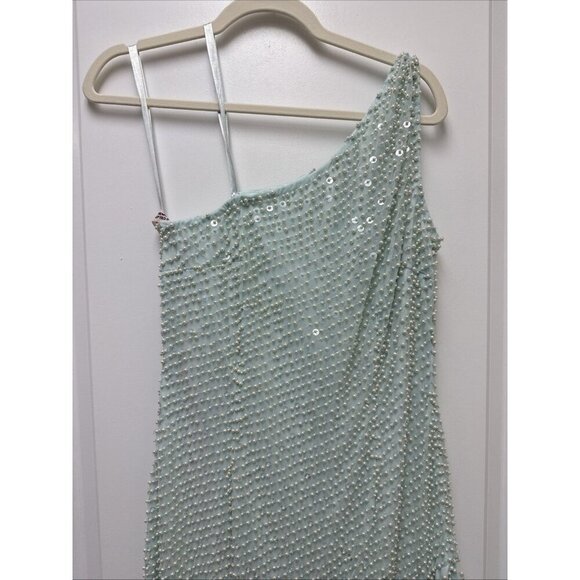 MAC DUGGAL Size 10 Green 93741 ONE SHOULDER Pearl Sequin Midi GOWN Formal Dress - Picture 5 of 11